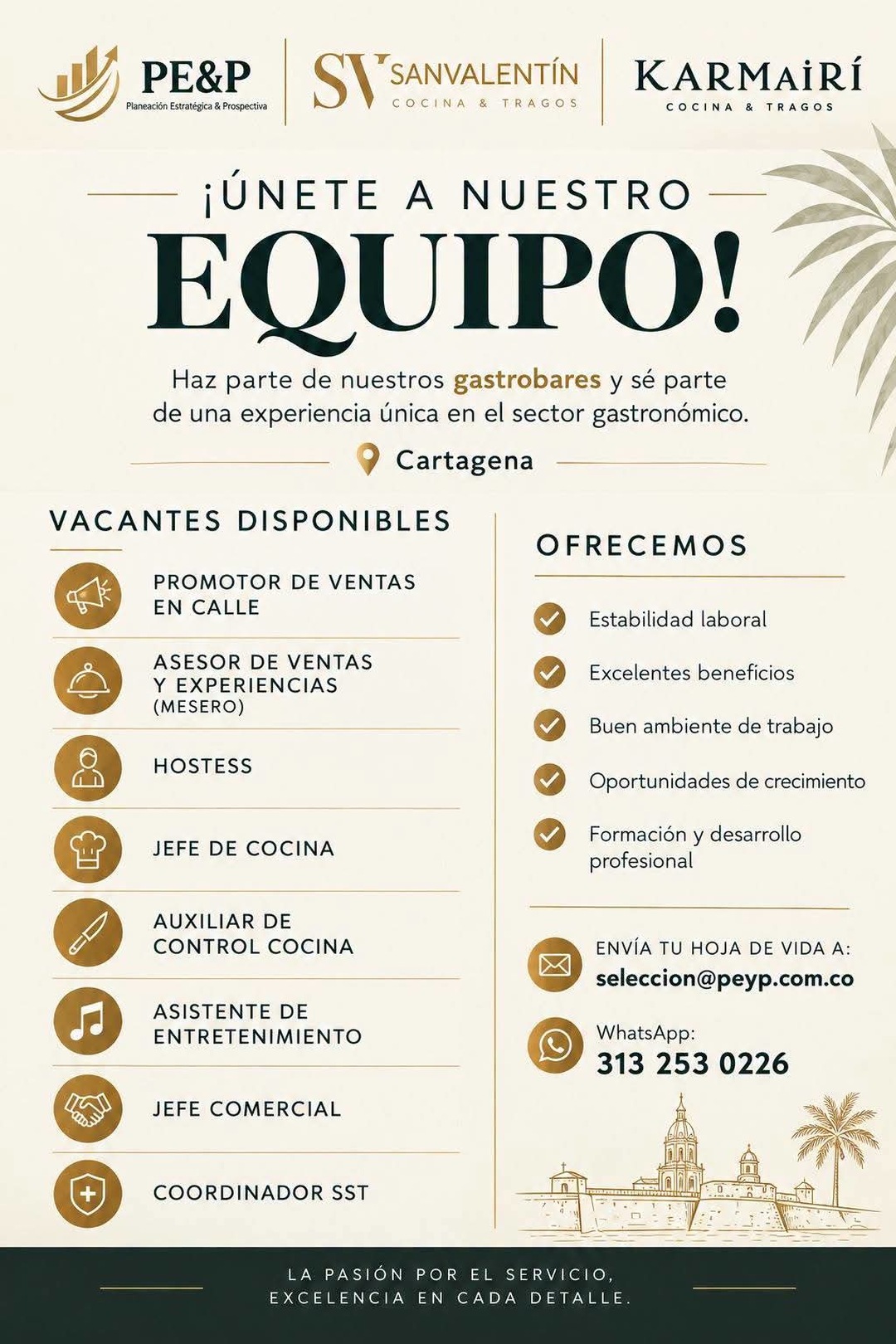 Promotor de ventas en calle; Asesor de ventas y experiencias (Mesero); Hostess; Jefe de cocina; Auxiliar de control cocina; Asistente de entretenimiento; Jefe comercial; Coordinador SST
