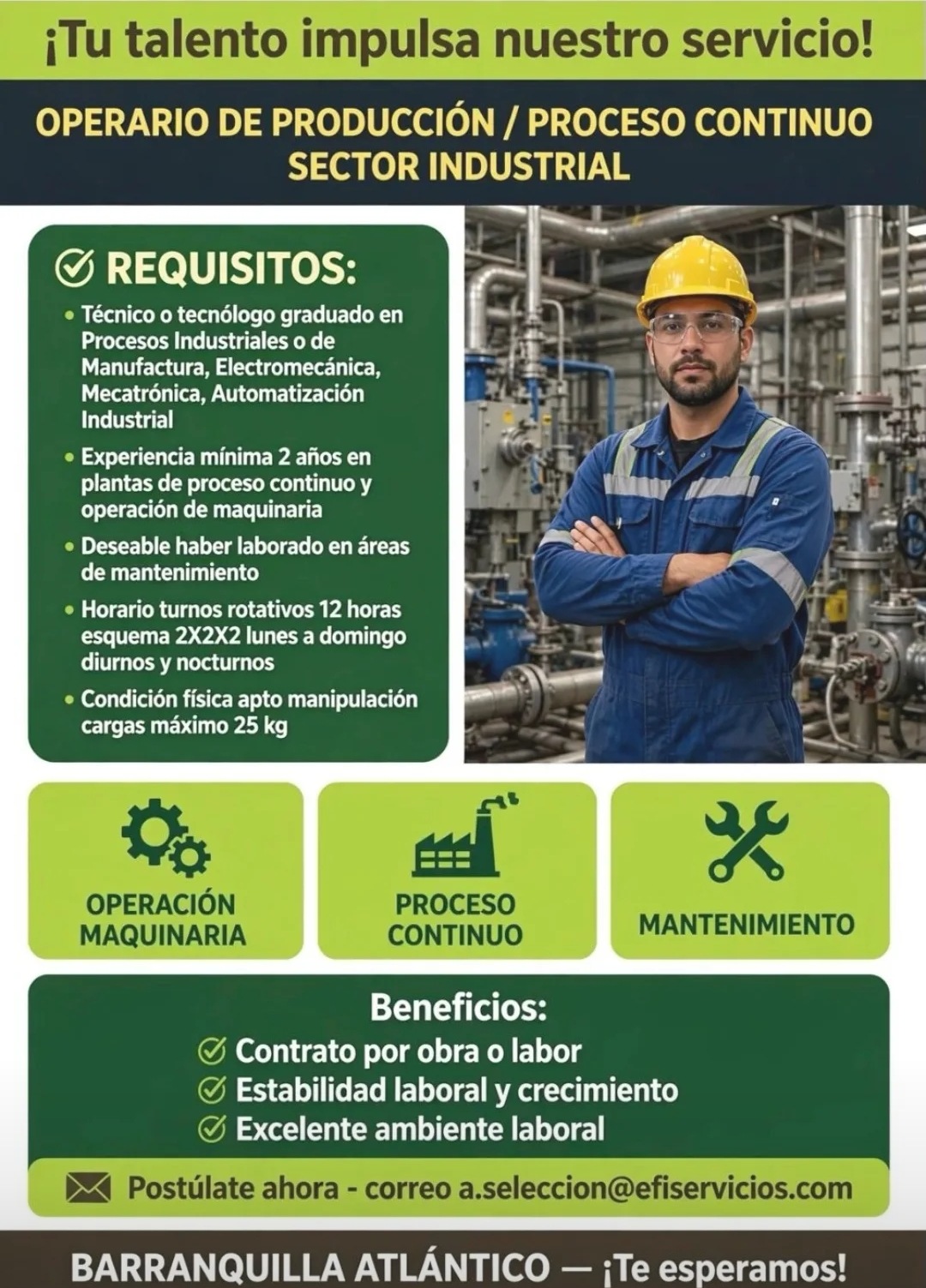 Operario de producción / Proceso continuo – Sector industrial