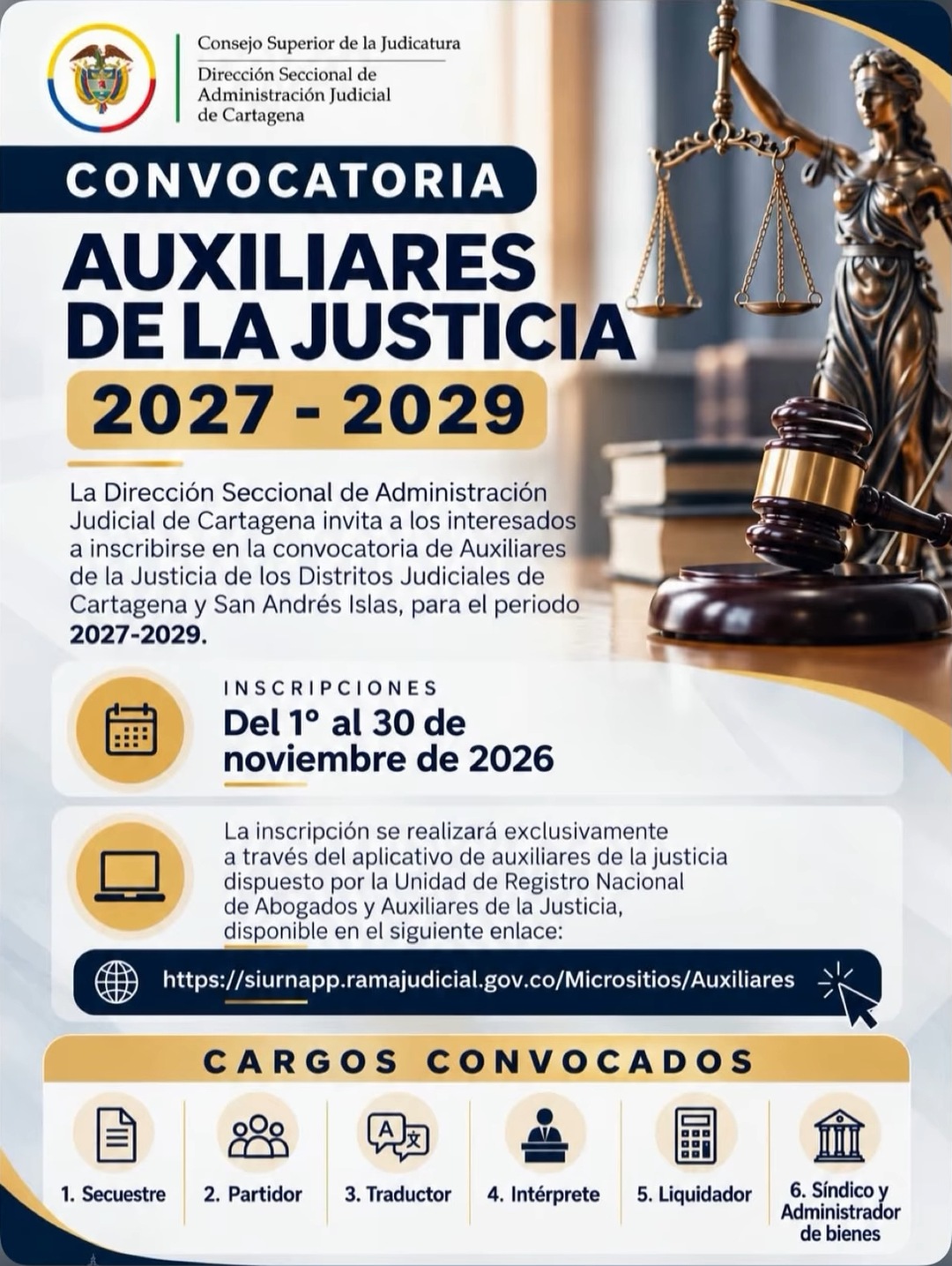 Inscripción Auxiliares de la Justicia 2027-2029 (secuestre, partidor, traductor, intérprete, liquidador, síndico y administrador de bienes)