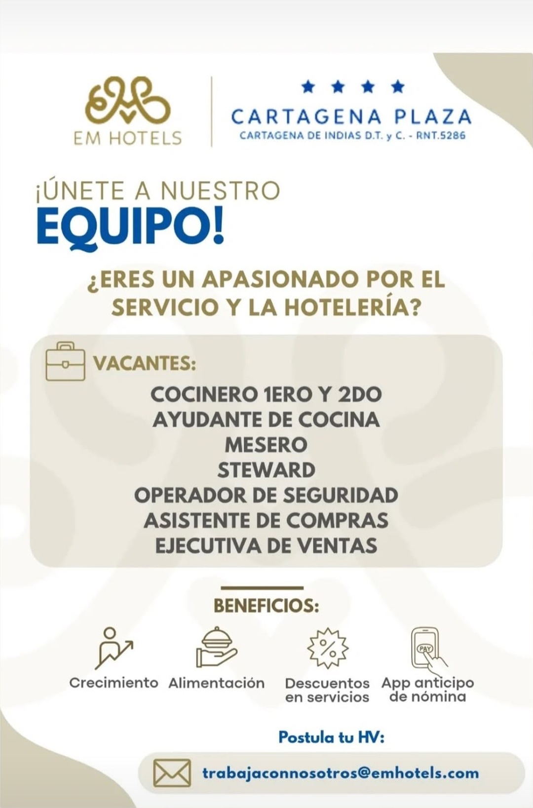 Cocinero 1ero y 2do; Ayudante de Cocina; Mesero; Steward; Operador de Seguridad; Asistente de Compras; Ejecutiva de Ventas