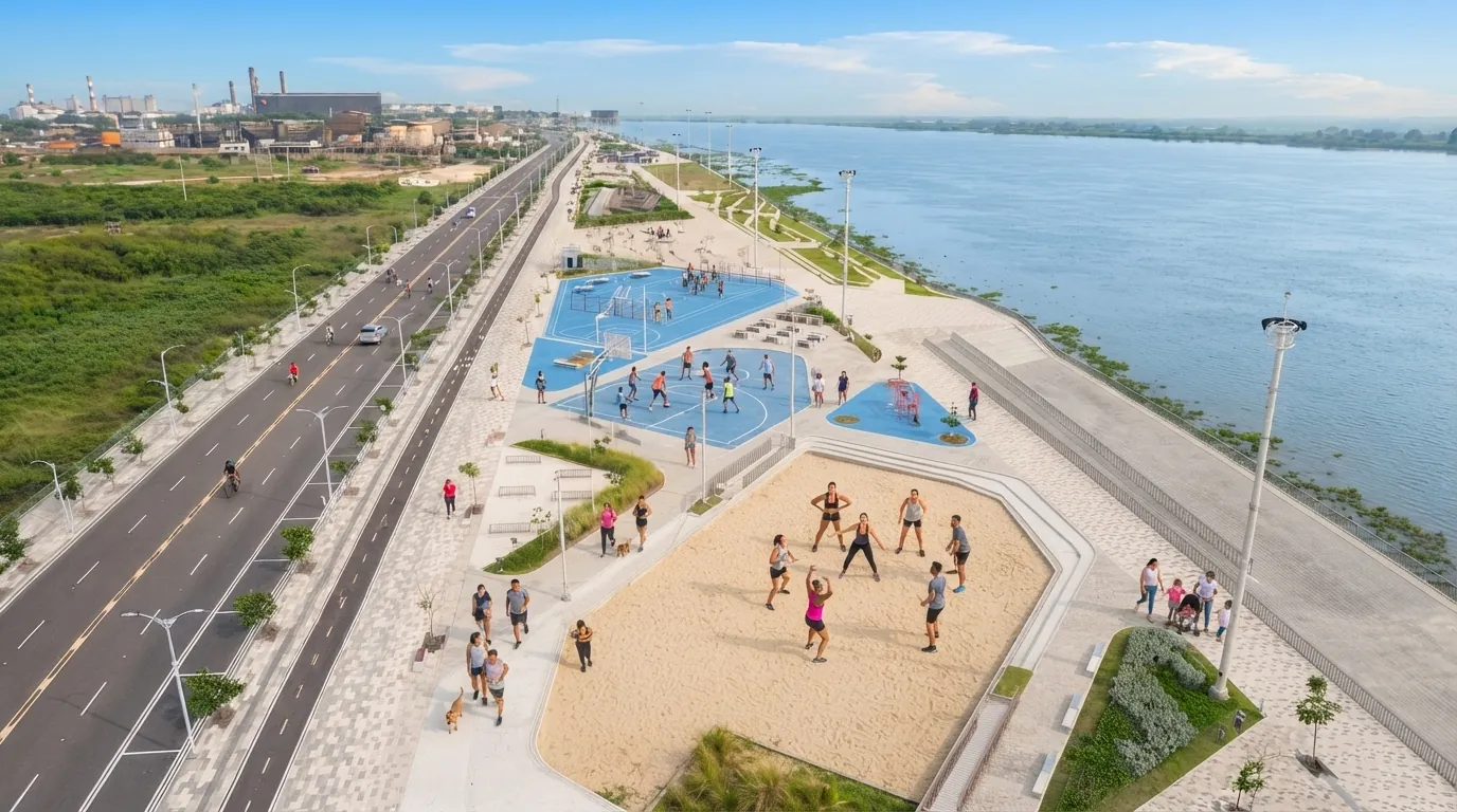 Malecón del río Magdalena en Barranquilla con canchas y gente haciendo deporte
