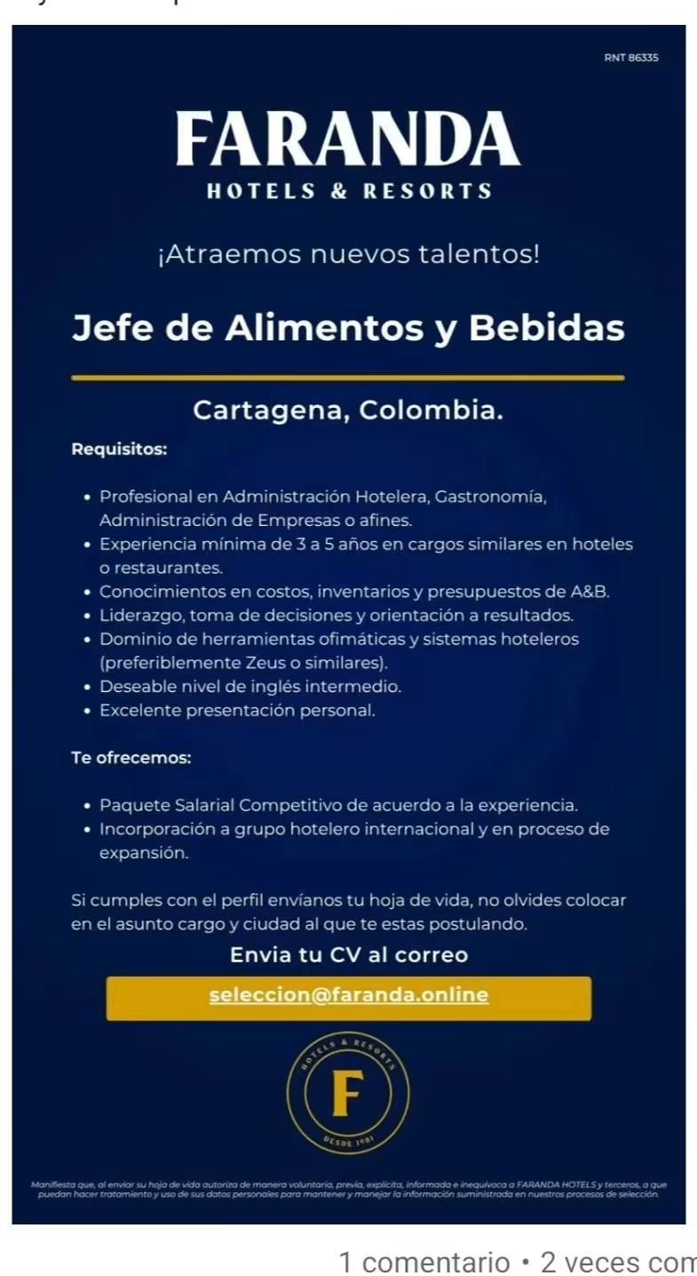 Jefe de Alimentos y Bebidas