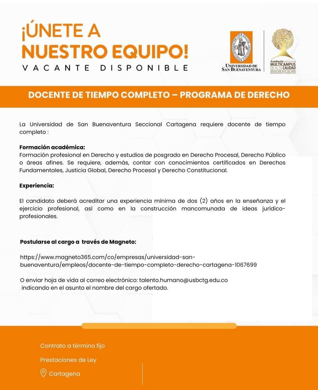 Docente de tiempo completo — Programa de Derecho