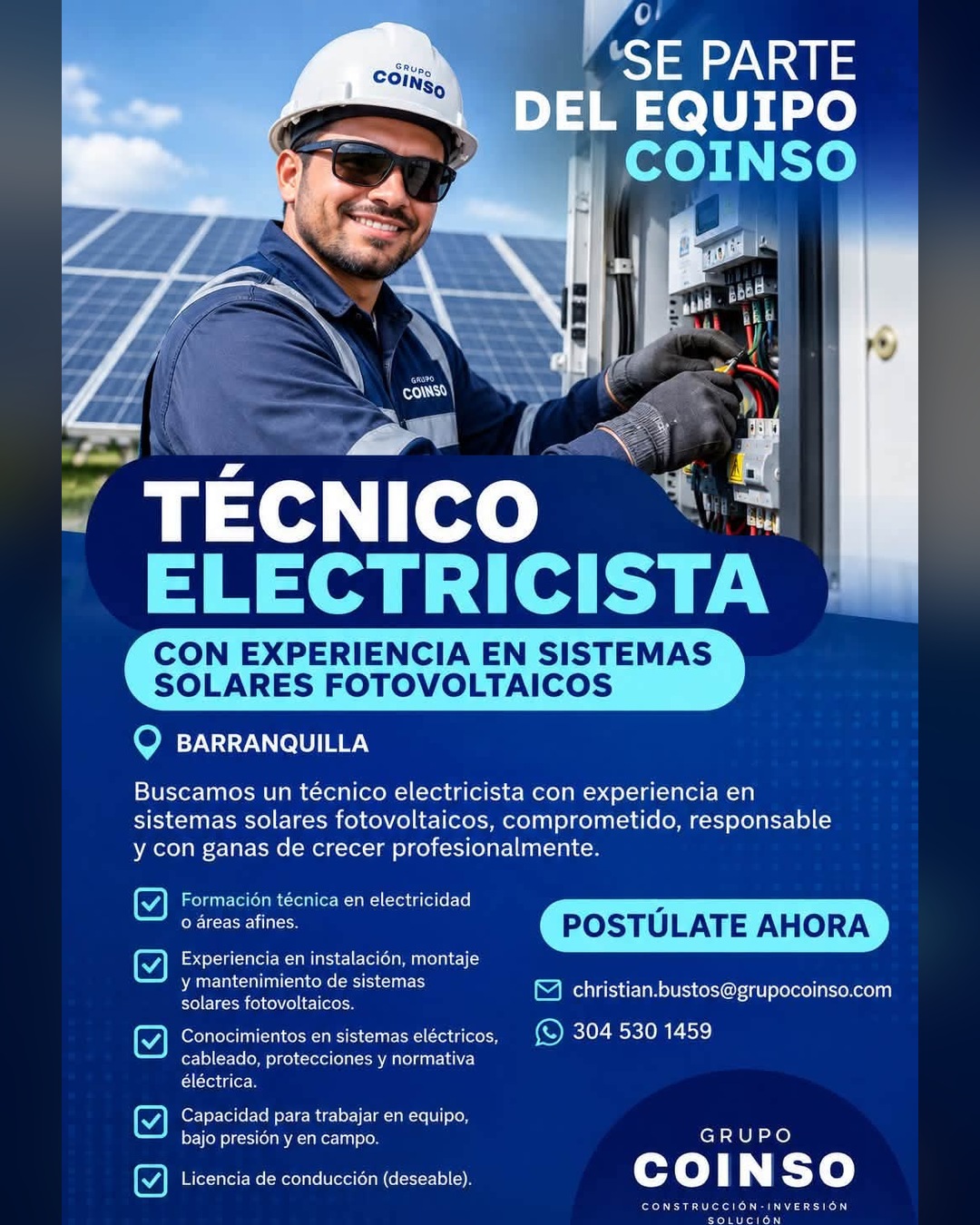 Técnico Electricista con experiencia en sistemas solares fotovoltaicos