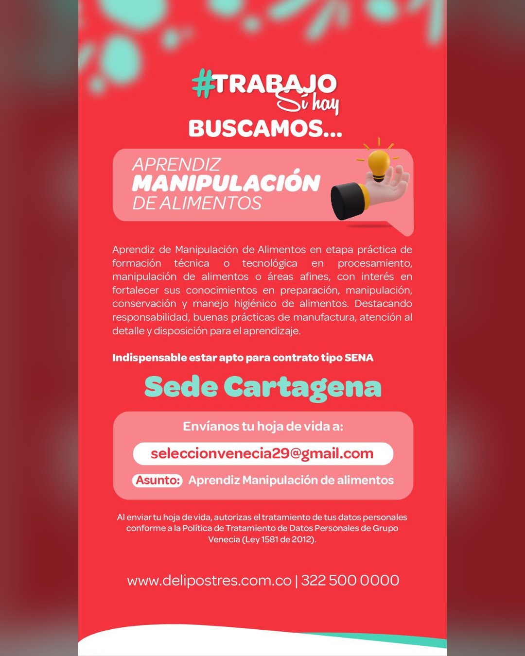 URGENTE · Aprendiz de Manipulación de Alimentos