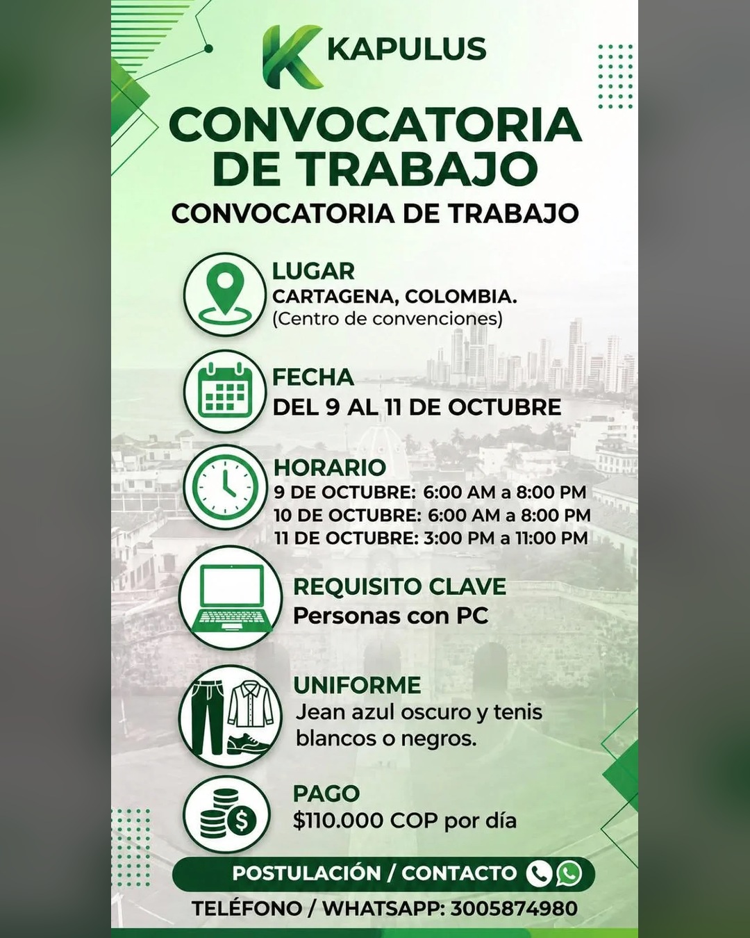 Convocatoria de trabajo temporal, del 9 al 11 de octubre