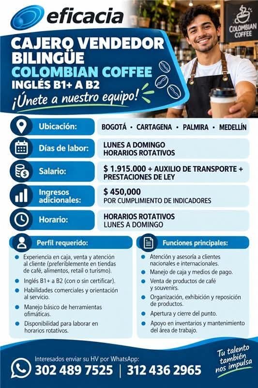 Cajero Vendedor Bilingüe – Colombian Coffee