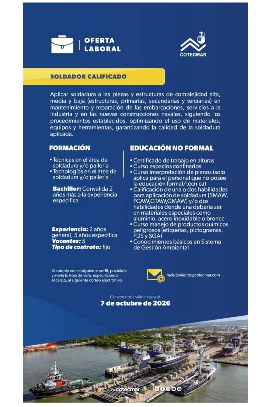 URGENTE · Soldador Calificado (5 vacantes)