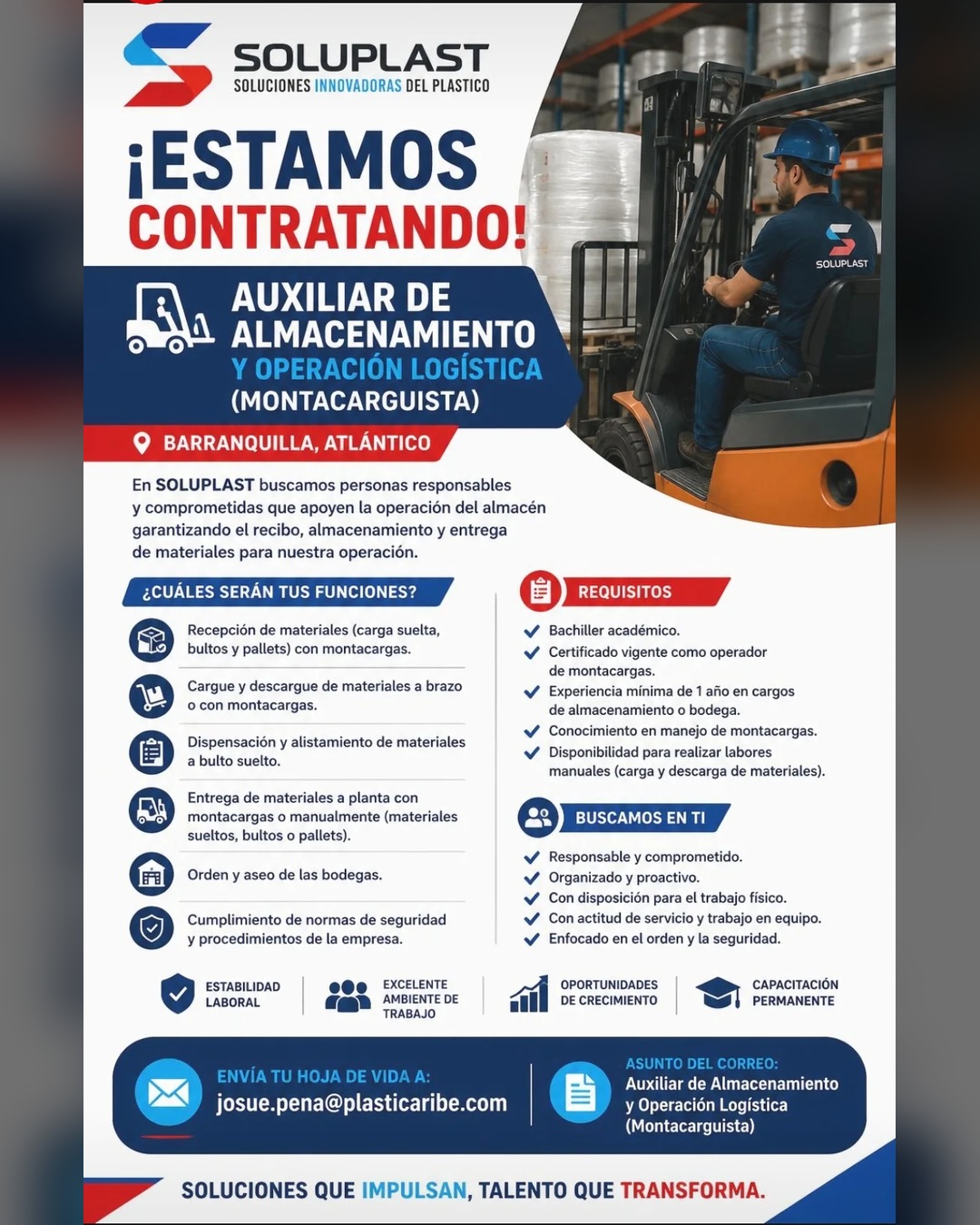 Auxiliar de Almacenamiento y Operación Logística (Montacarguista)