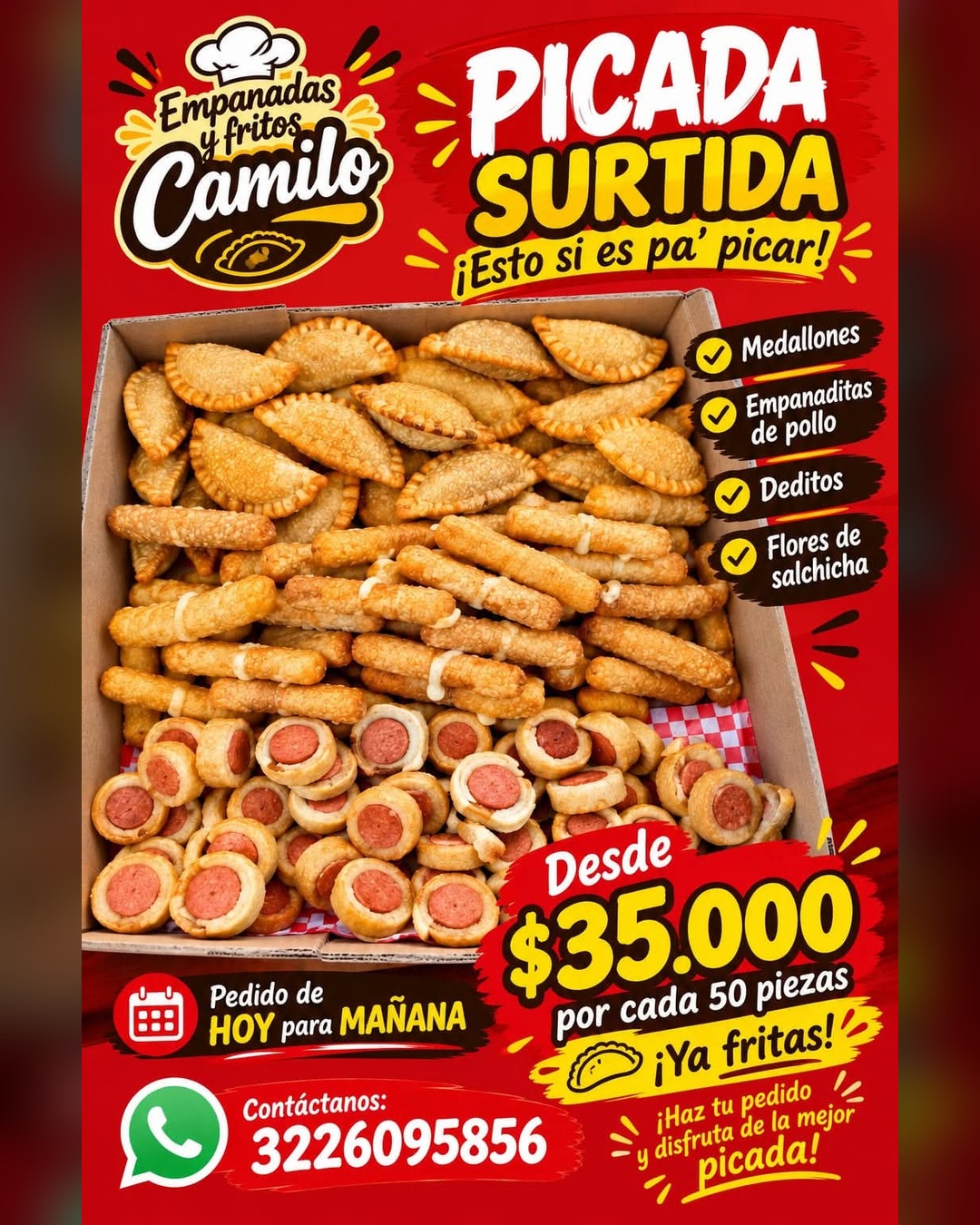 Picada surtida ya frita, 50 piezas — Empanadas y Fritos Camilo