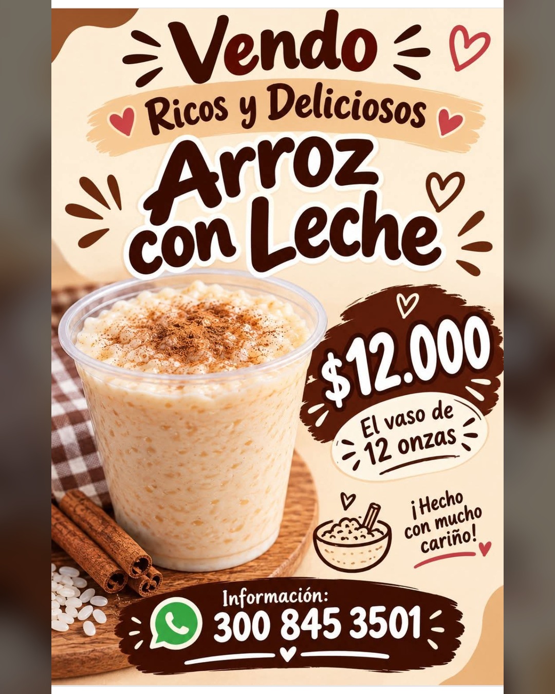 Arroz con leche casero, vaso de 12 onzas