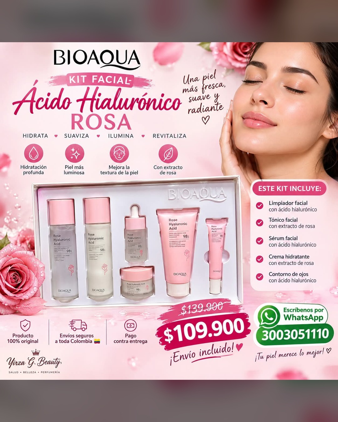 Kit facial Bioaqua Ácido Hialurónico Rosa (5 productos) — Yirza G Beauty