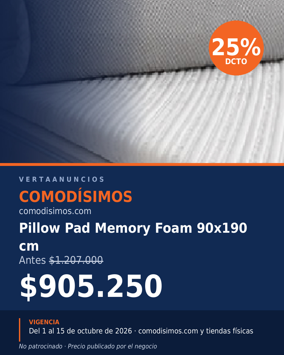 Pillow Pad Memory Foam 90x190: $905.250 — Comodísimos