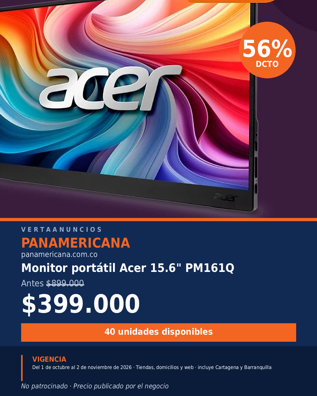Monitor portátil Acer 15.6" PM161Q — Panamericana
