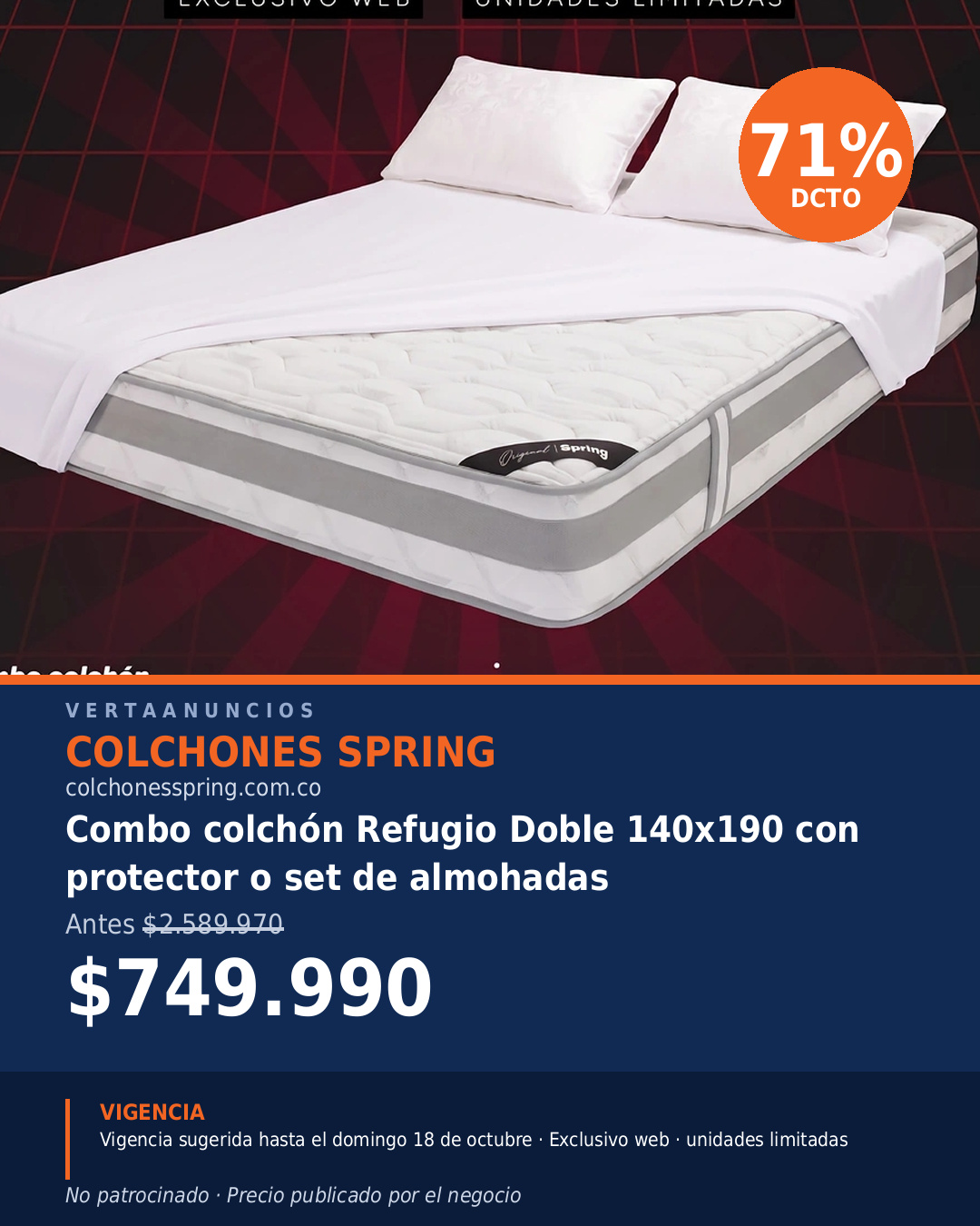Combo colchón Refugio Doble 140x190 con protector o set de almohadas — Colchones Spring