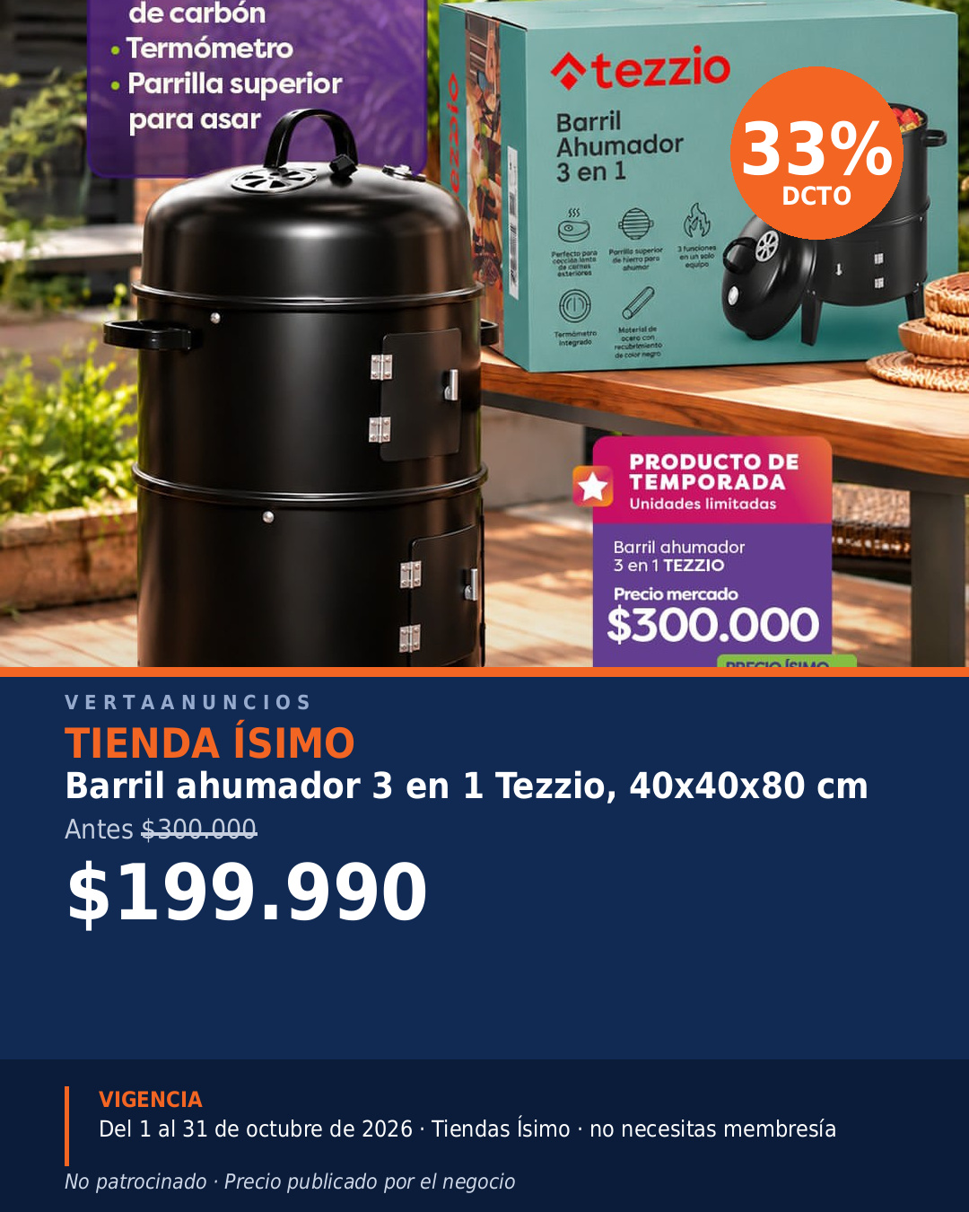 Barril ahumador 3 en 1 Tezzio, 40x40x80 cm — Tienda Ísimo