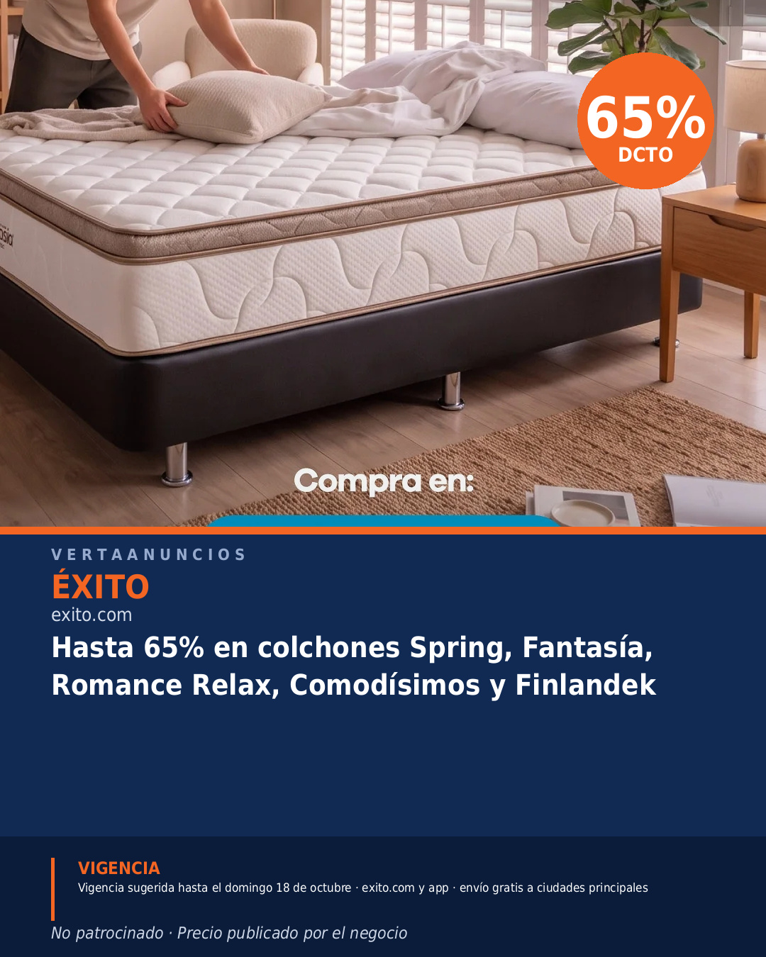 Hasta 65% en colchones Spring, Fantasía, Romance Relax, Comodísimos y Finlandek — Éxito