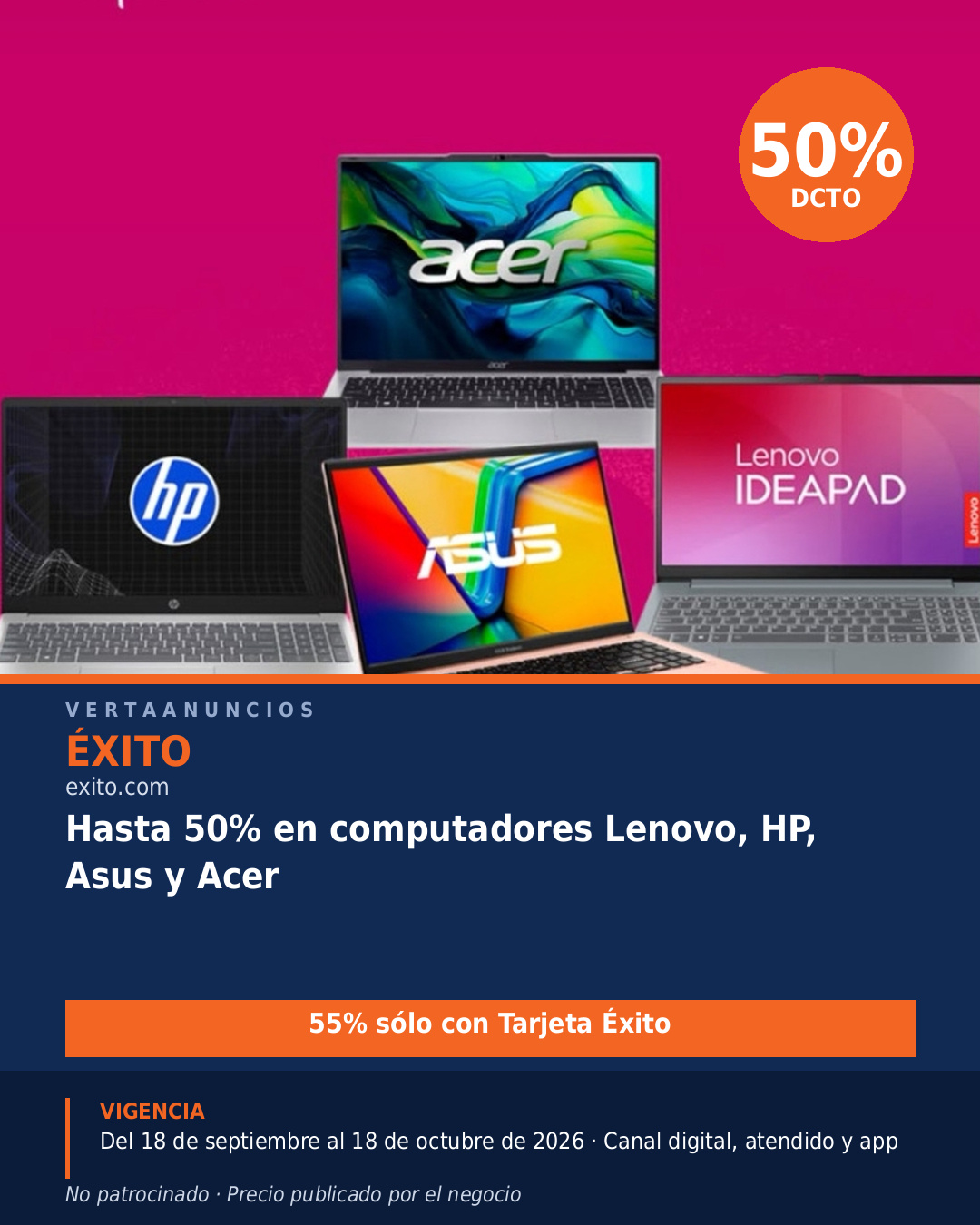 Hasta 50% en computadores Lenovo, HP, Asus y Acer — Éxito