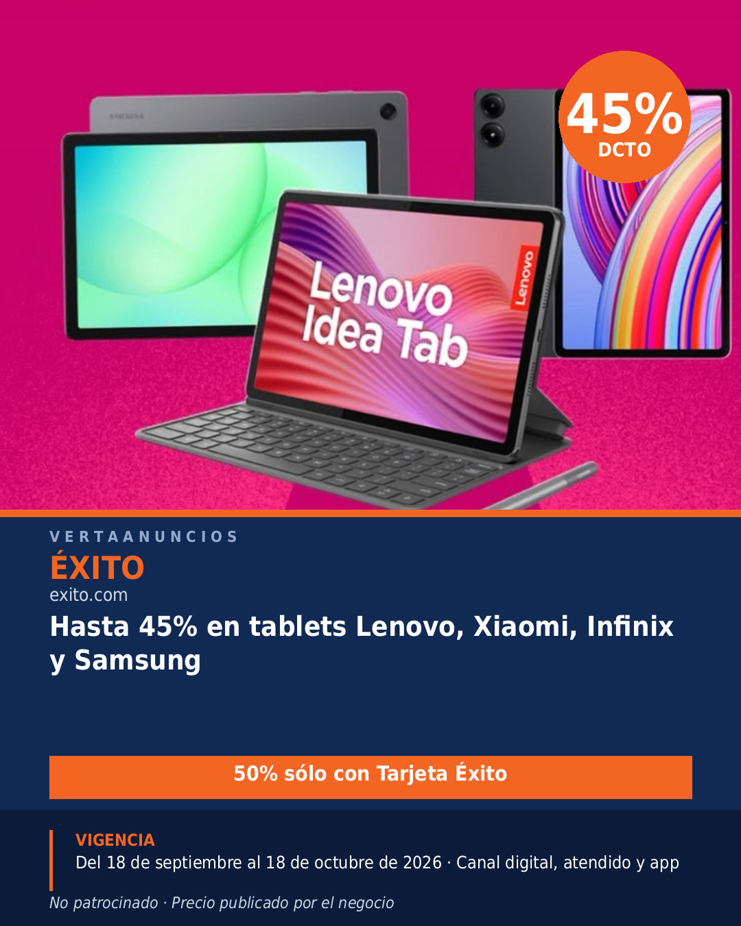 Hasta 45% en tablets Lenovo, Xiaomi, Infinix y Samsung — Éxito