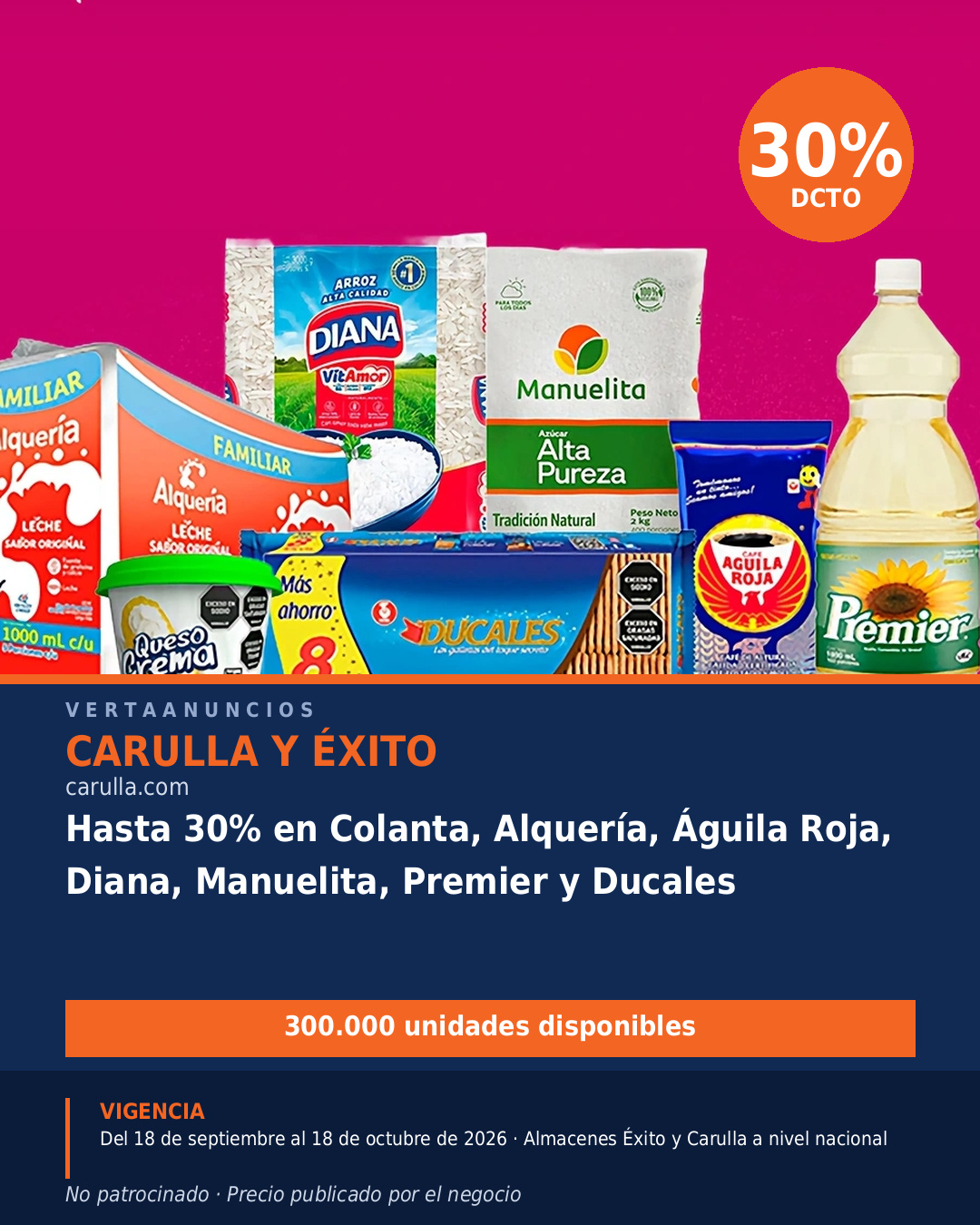 Hasta 30% en Colanta, Alquería, Águila Roja, Diana, Manuelita, Premier y Ducales — Carulla y Éxito