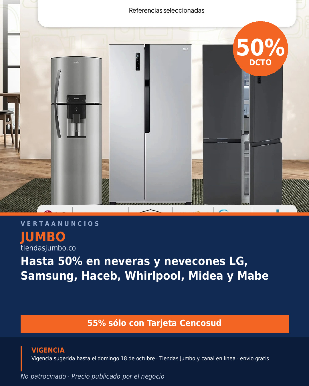Hasta 50% en neveras y nevecones LG, Samsung, Haceb, Whirlpool, Midea y Mabe — Jumbo