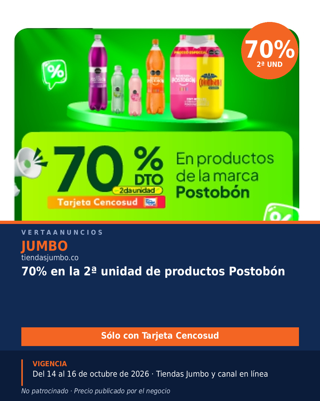 70% en la 2ª unidad de productos Postobón — Jumbo