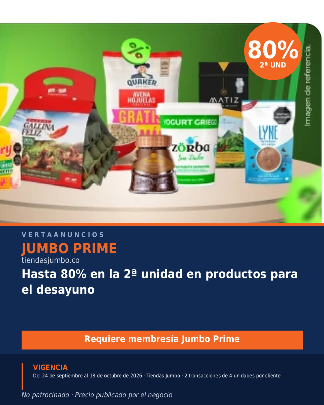 Hasta 80% en la 2ª unidad en productos para el desayuno — Jumbo Prime