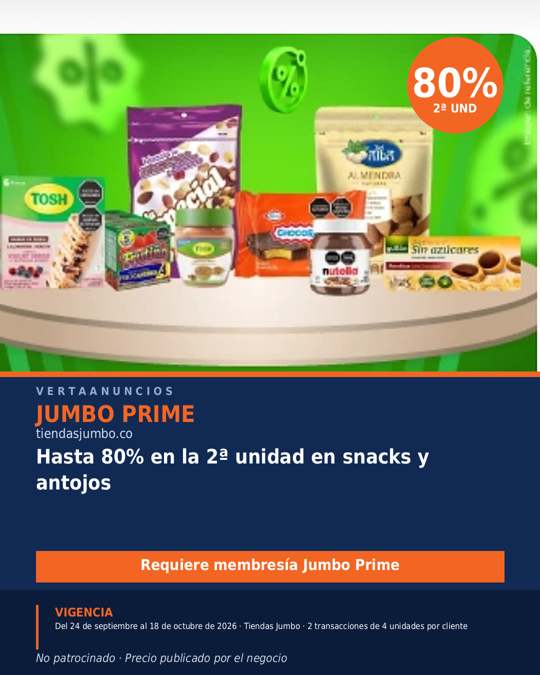 Hasta 80% en la 2ª unidad en snacks y antojos — Jumbo Prime