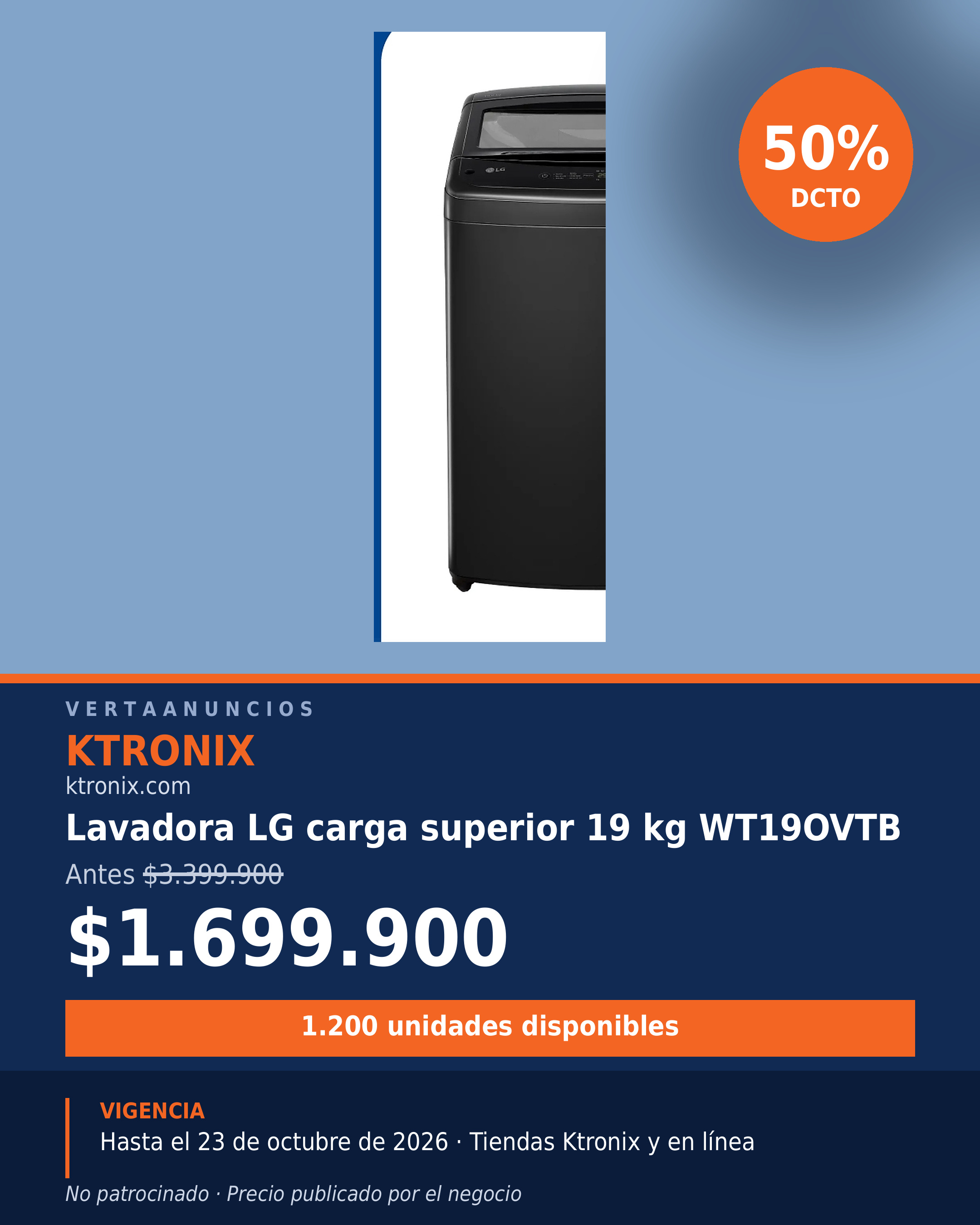 Lavadora LG carga superior 19 kg WT19OVTB — Ktronix