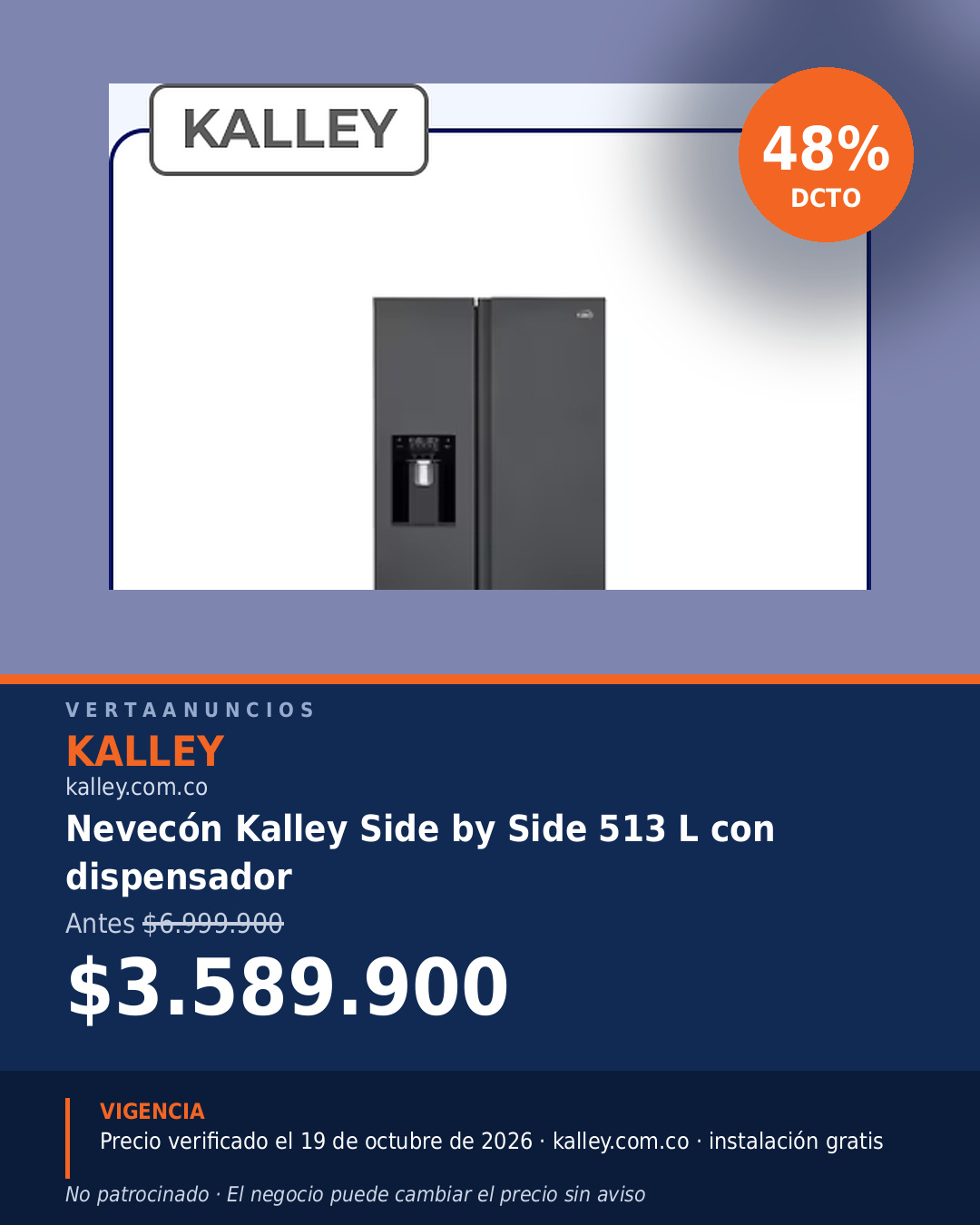 Nevecón Kalley Side by Side 513 L con dispensador — Kalley