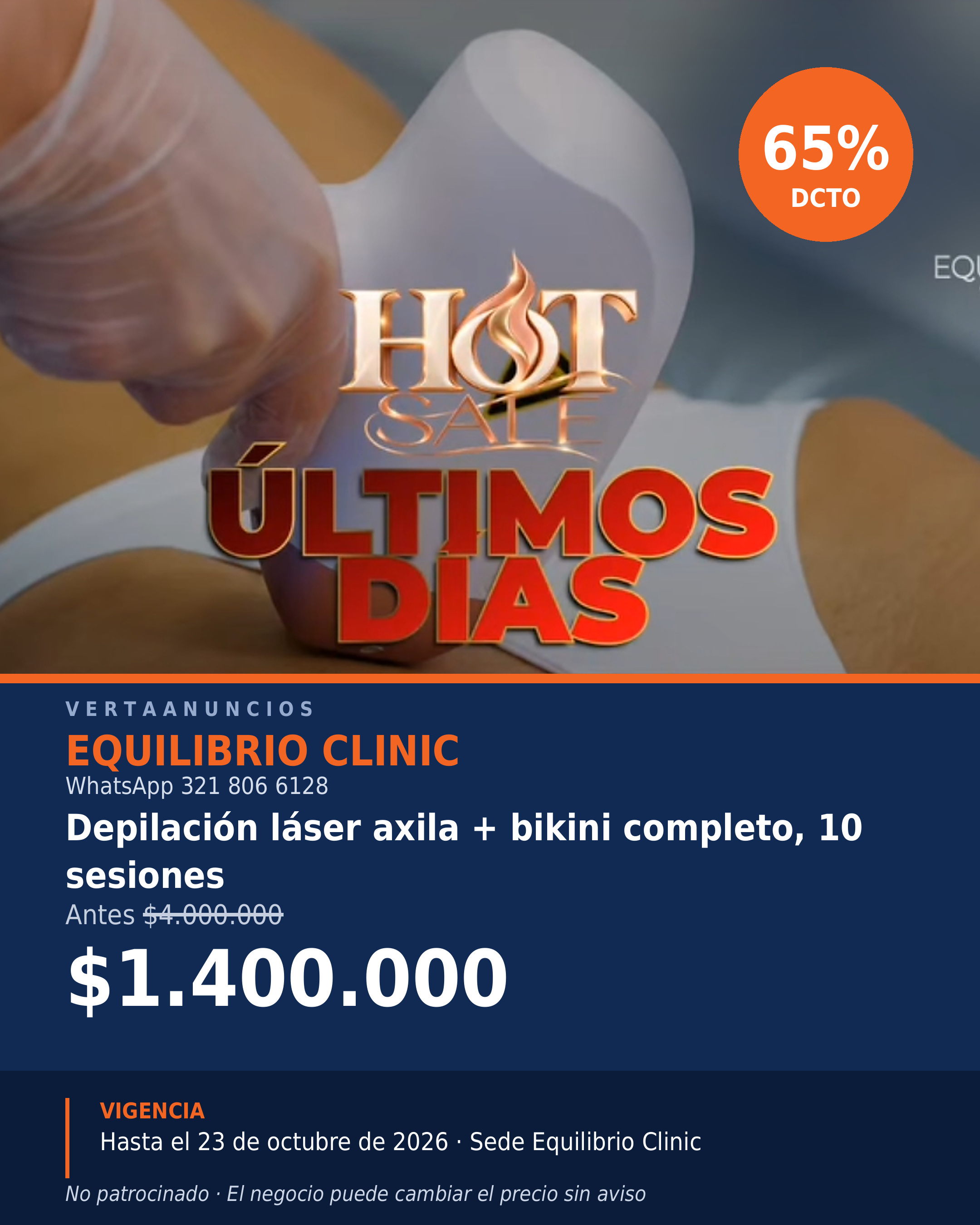 Depilación láser axila + bikini completo, 10 sesiones — Equilibrio Clinic