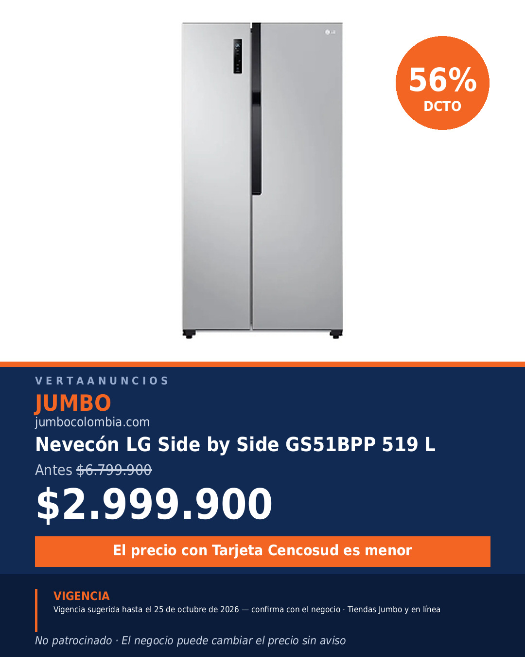 Nevecón LG Side by Side GS51BPP 519 L — Jumbo