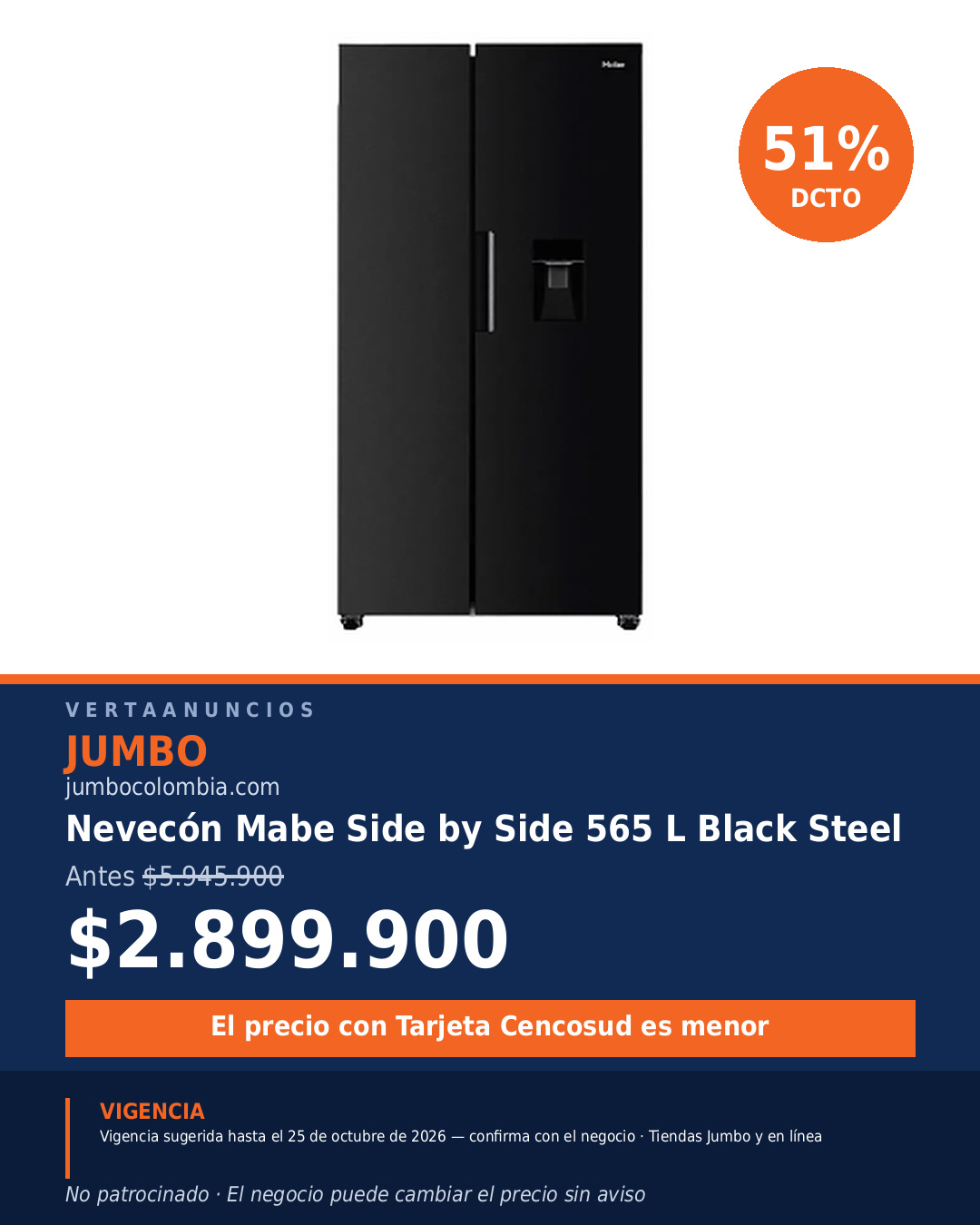 Nevecón Mabe Side by Side 565 L Black Steel — Jumbo