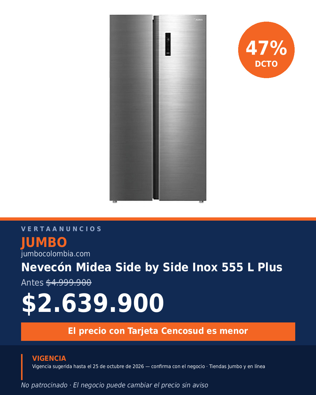 Nevecón Midea Side by Side Inox 555 L Plus — Jumbo
