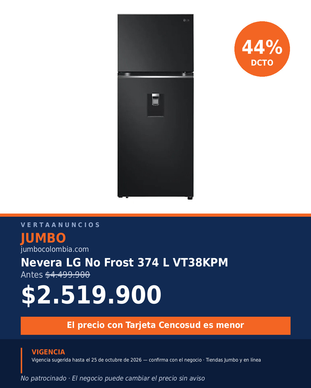 Nevera LG No Frost 374 L VT38KPM — Jumbo