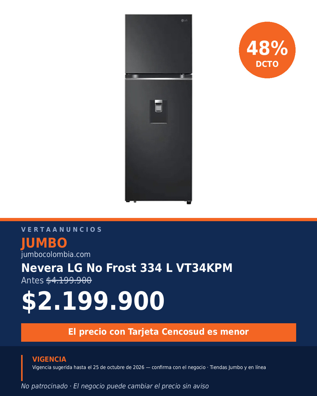 Nevera LG No Frost 334 L VT34KPM — Jumbo