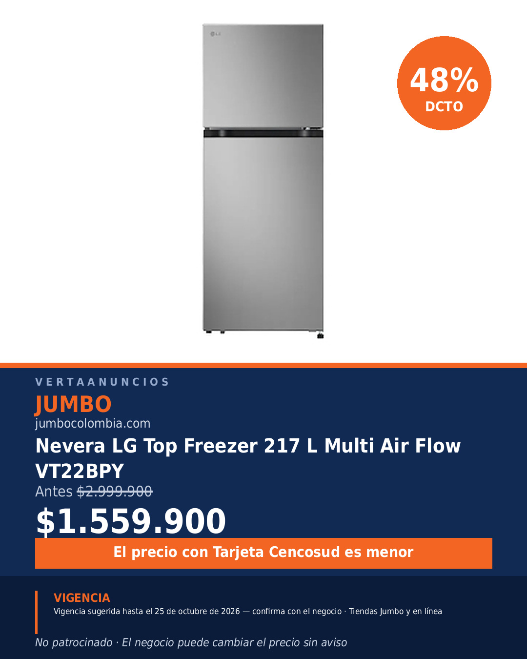 Nevera LG Top Freezer 217 L Multi Air Flow VT22BPY — Jumbo