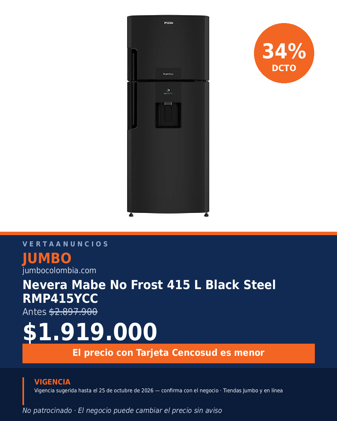 Nevera Mabe No Frost 415 L Black Steel RMP415YCC — Jumbo
