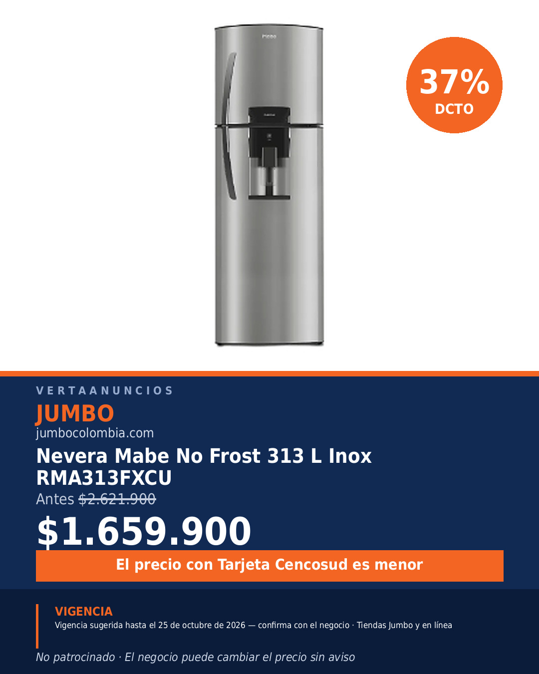 Nevera Mabe No Frost 313 L Inox RMA313FXCU — Jumbo