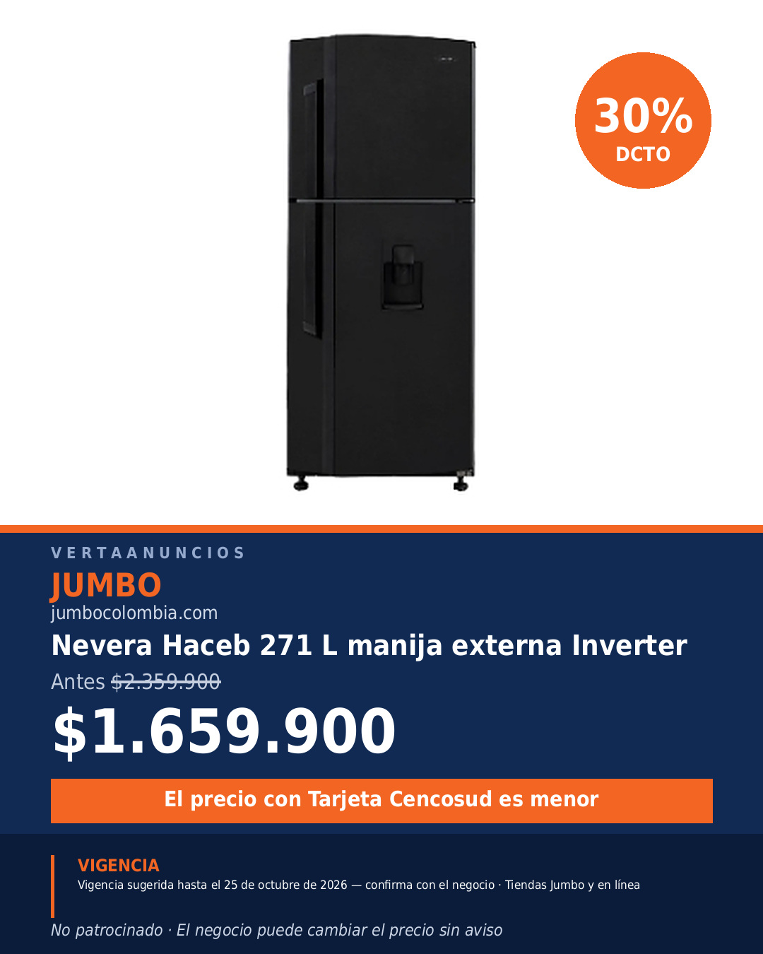 Nevera Haceb 271 L manija externa Inverter — Jumbo