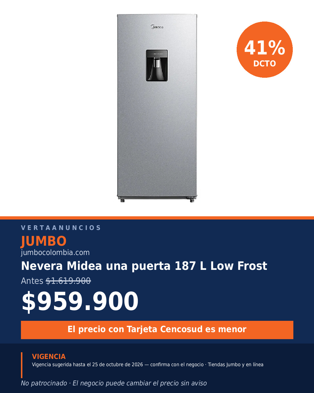 Nevera Midea una puerta 187 L Low Frost — Jumbo