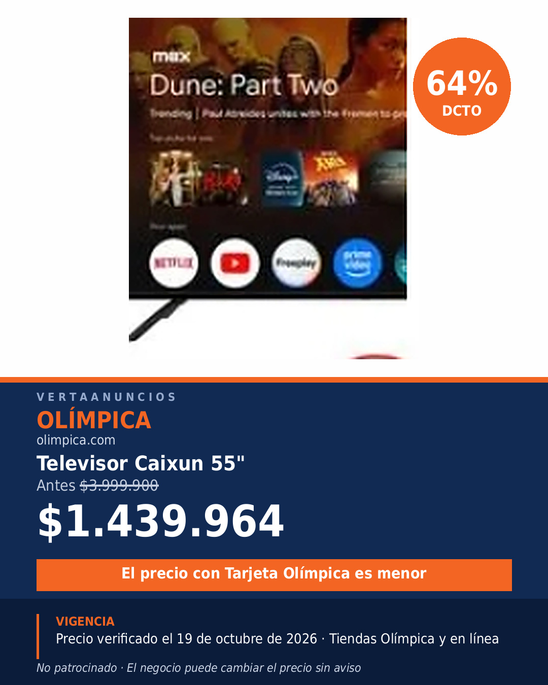 Televisor Caixun 55" — Olímpica