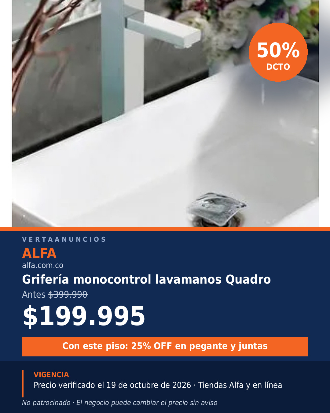 Grifería monocontrol lavamanos Quadro — Alfa