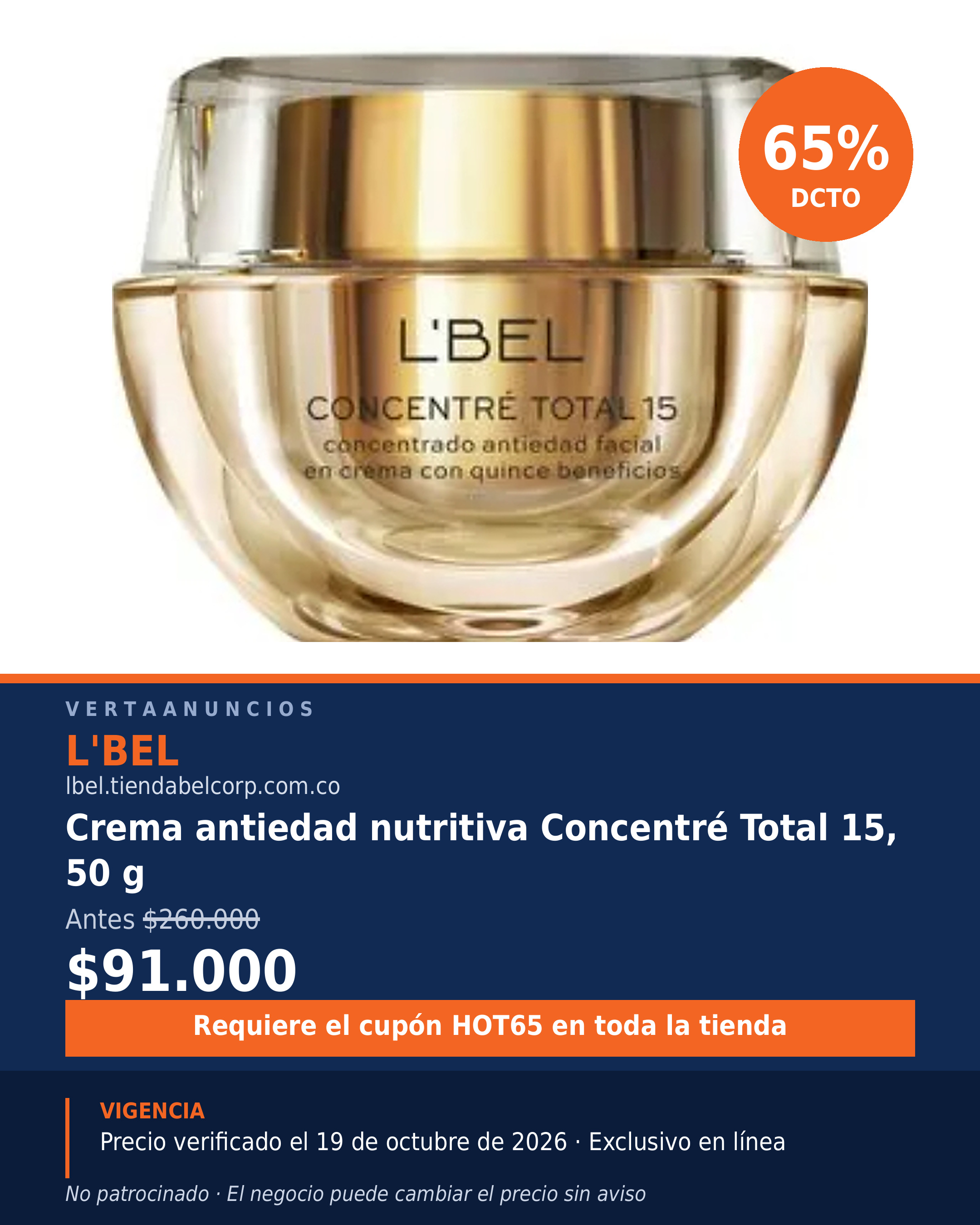 Crema antiedad nutritiva Concentré Total 15, 50 g — L'BEL