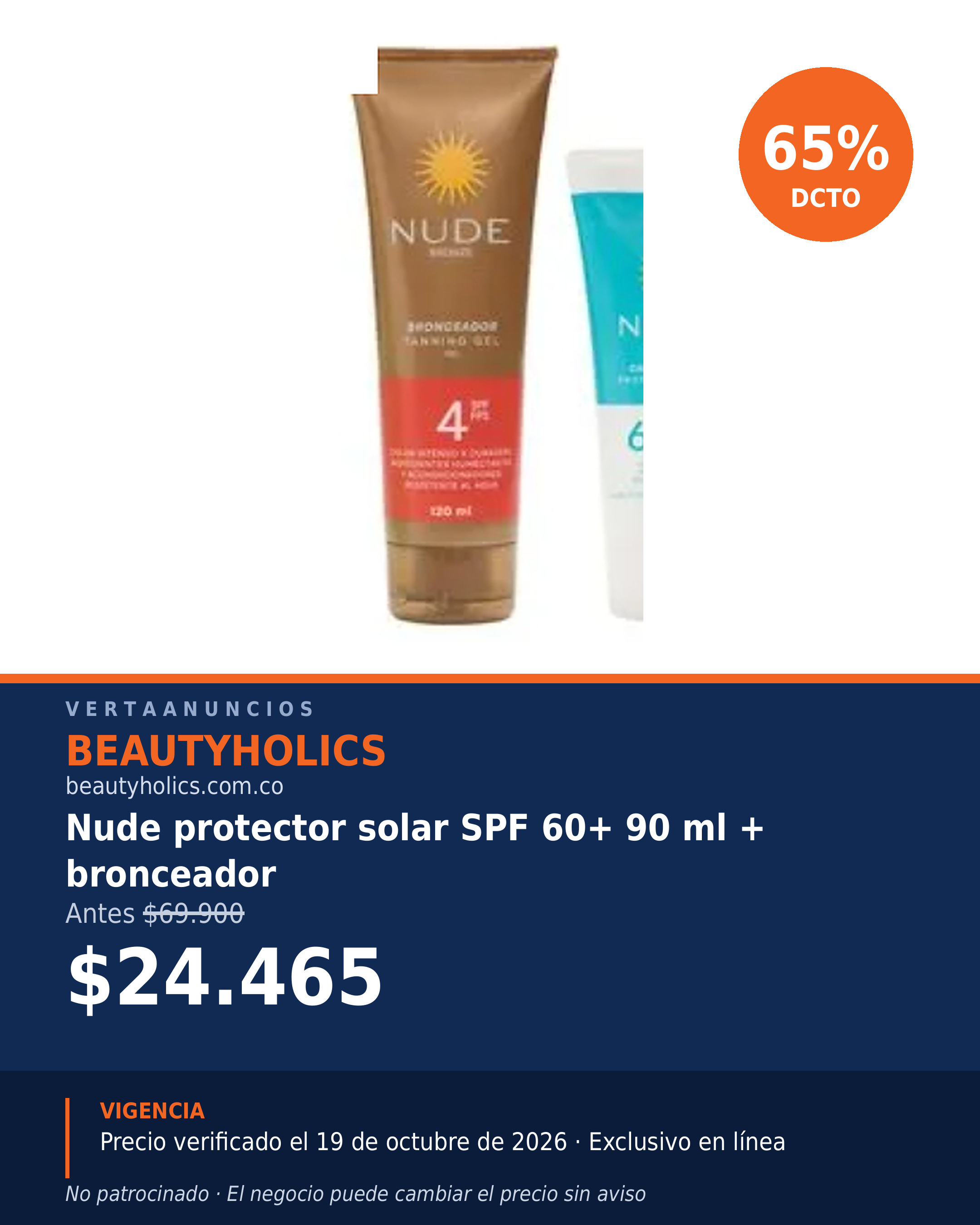 Nude protector solar SPF 60+ 90 ml + bronceador — Beautyholics