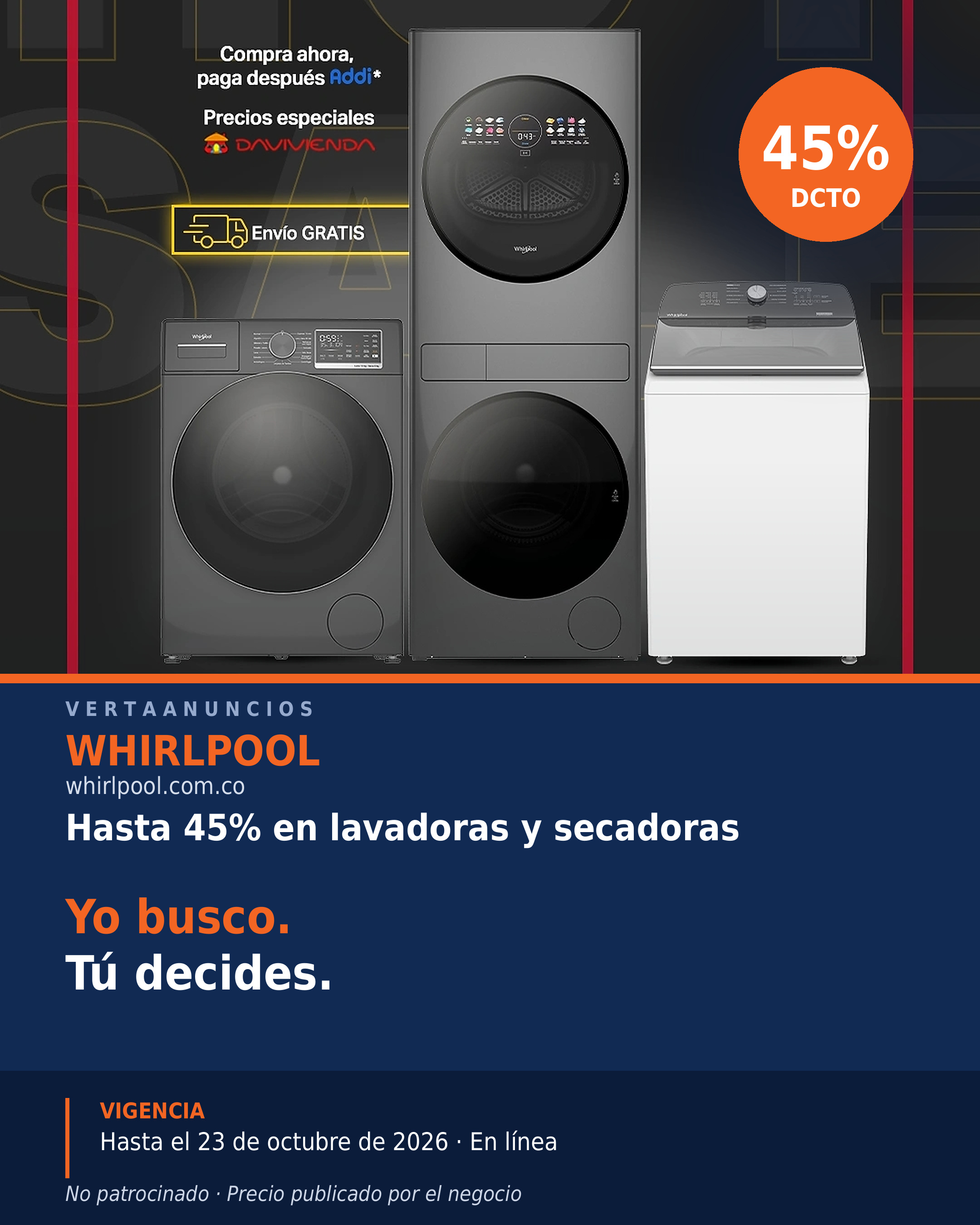 Hasta 45% en lavadoras y secadoras — Whirlpool