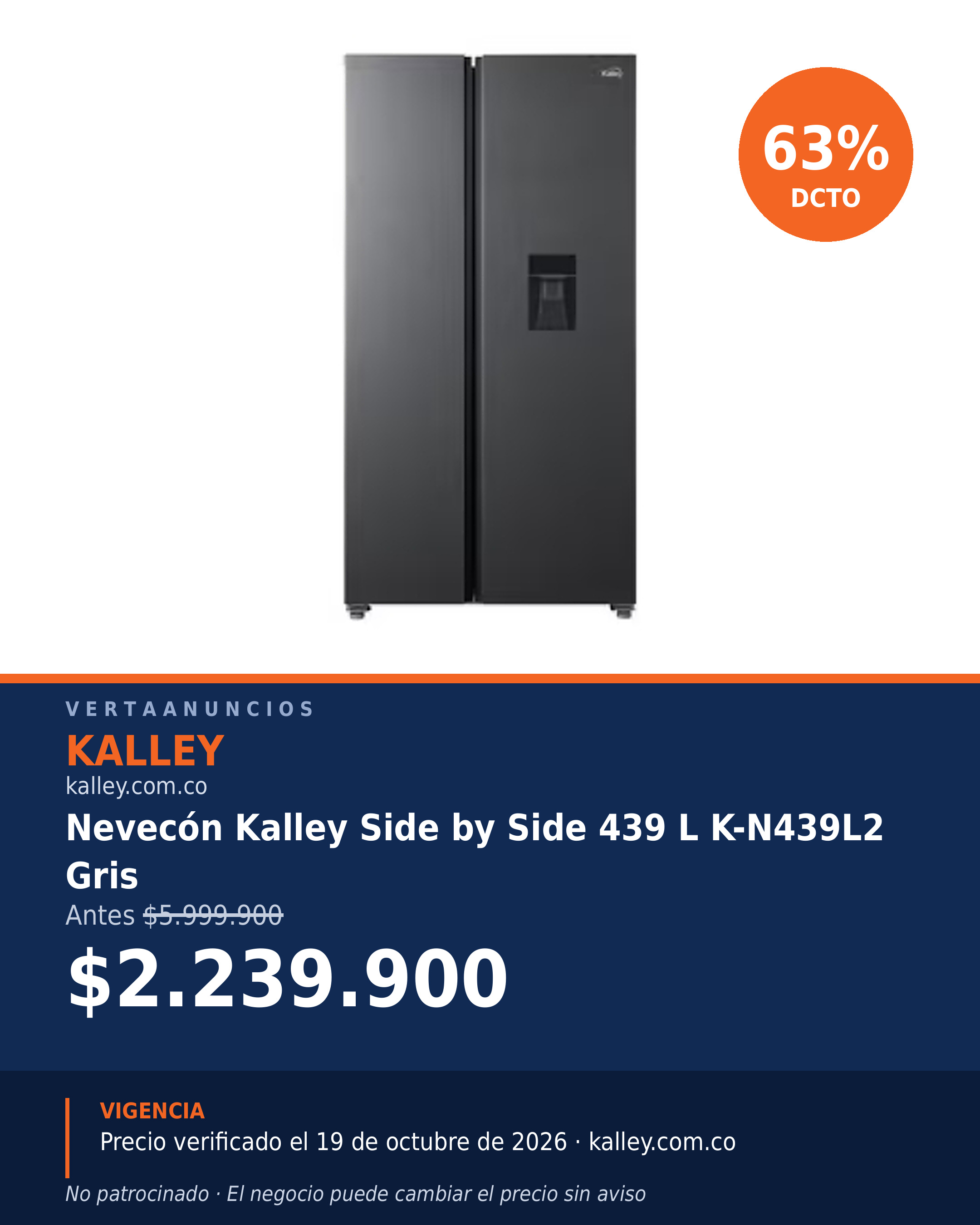 Nevecón Kalley Side by Side 439 L K-N439L2 Gris — Kalley
