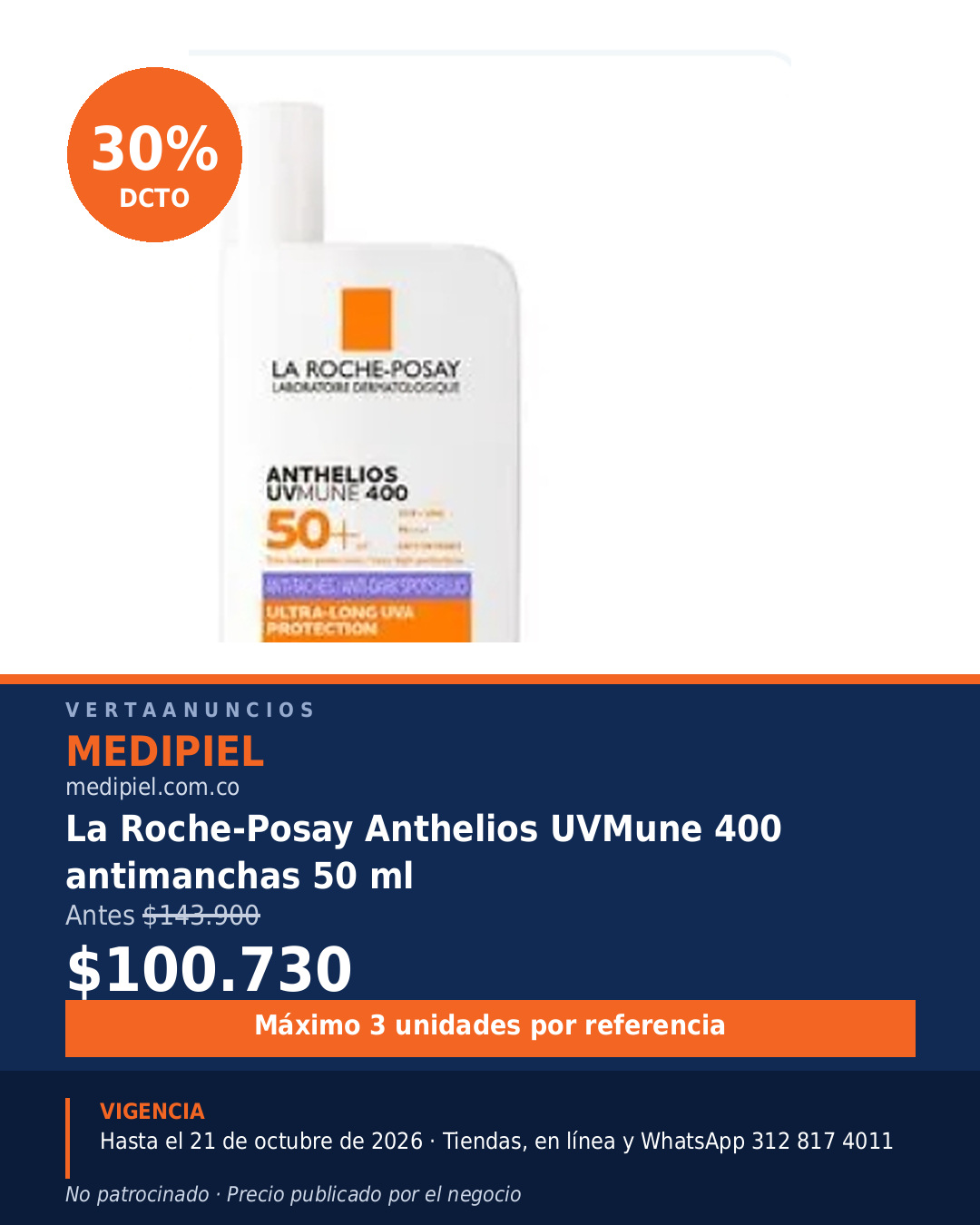 La Roche-Posay Anthelios UVMune 400 antimanchas 50 ml — MediPiel