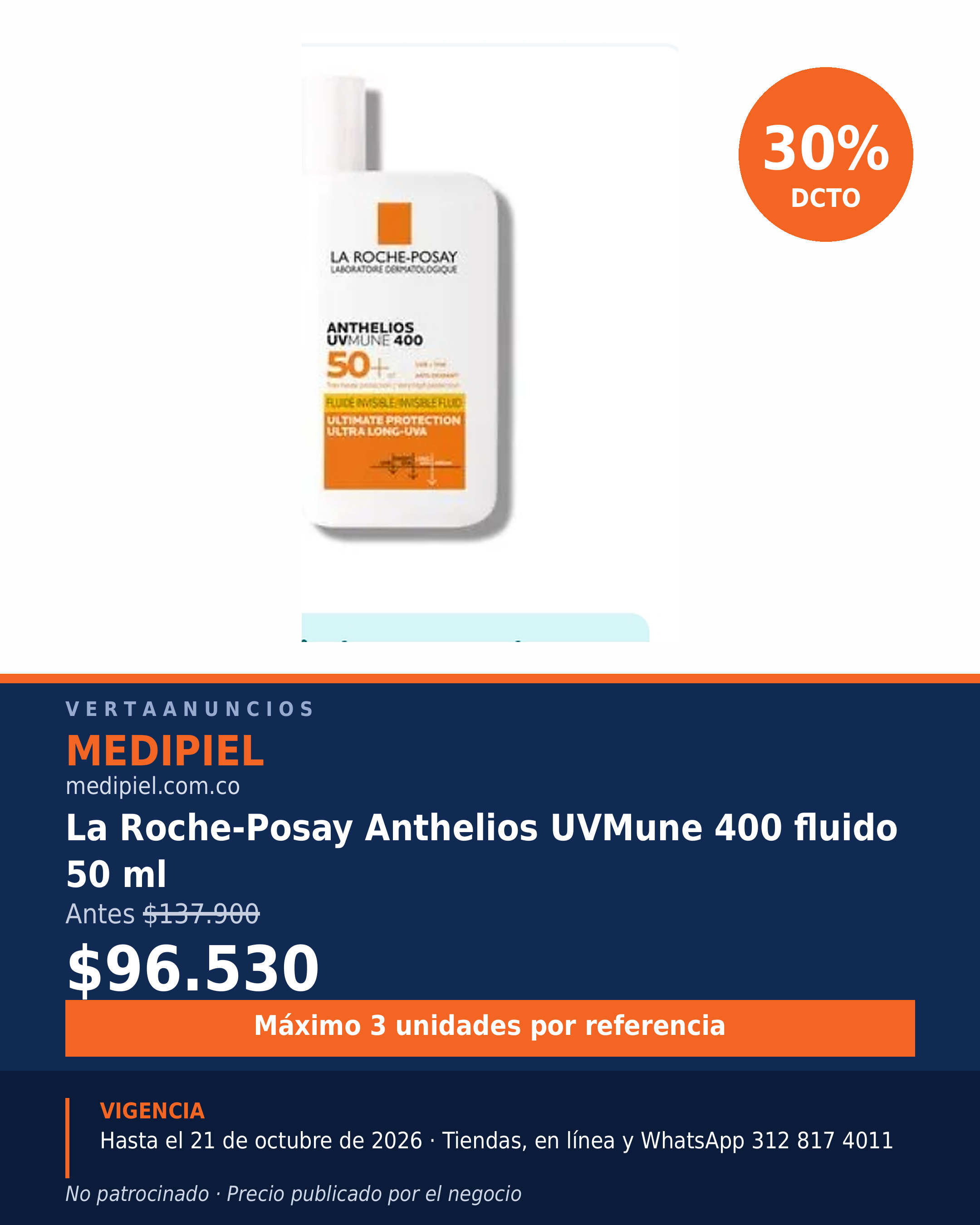 La Roche-Posay Anthelios UVMune 400 fluido 50 ml — MediPiel